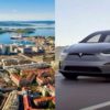 A collage of an image of Norway and an electric vehicle