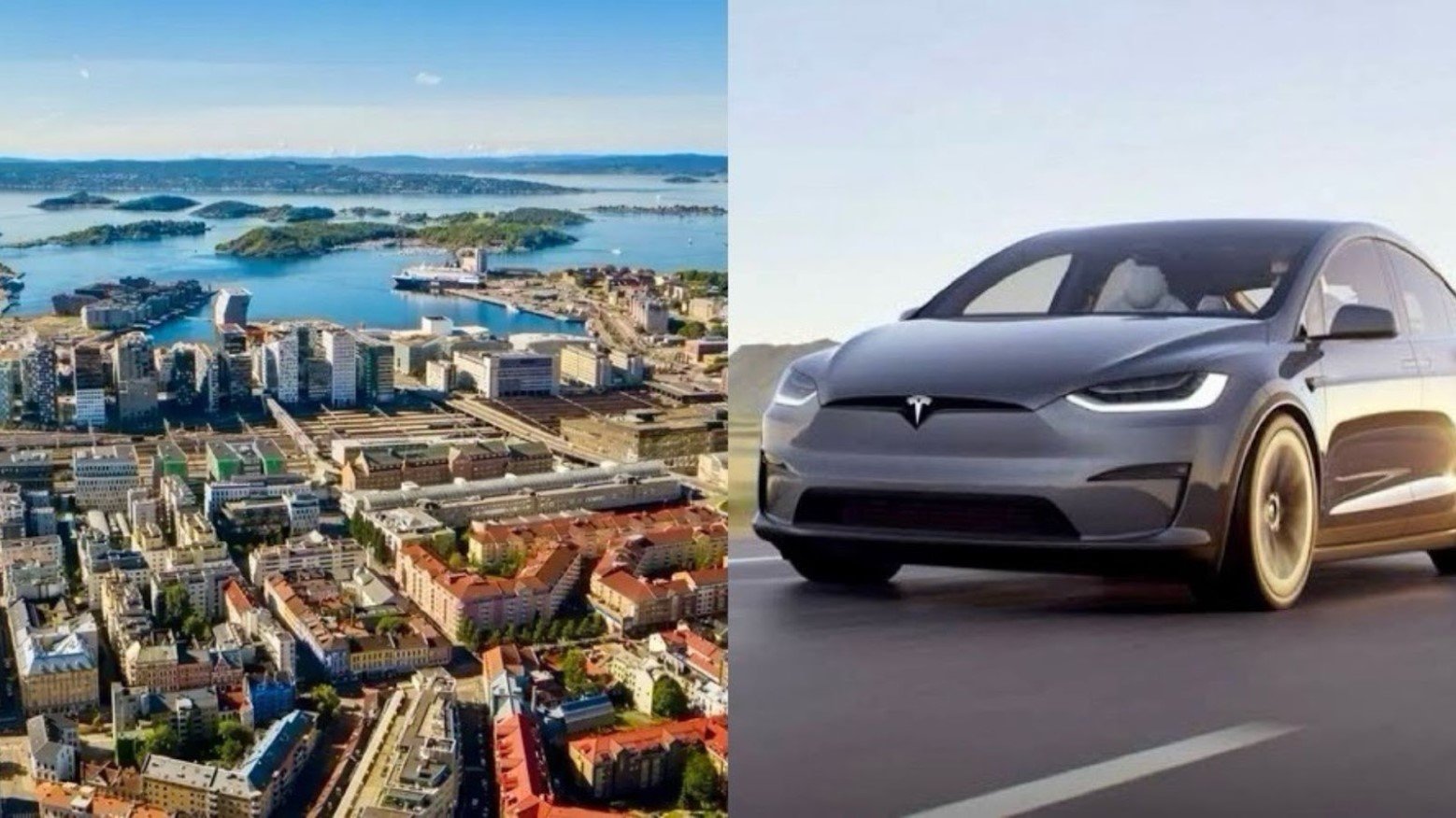 A collage of an image of Norway and an electric vehicle